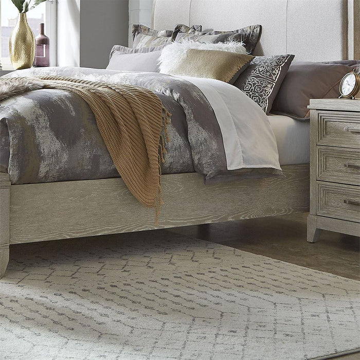 Liberty Furniture Belmar Queen Upholstered Sleigh Bed in Washed Taupe and Silver Champagne