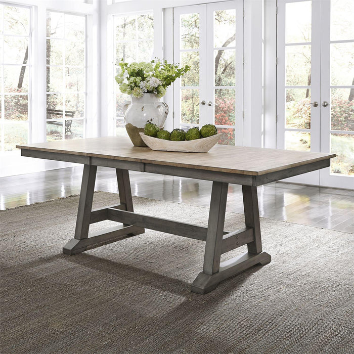 Liberty Furniture Lindsey Farm Trestle Dining Table in Gray and Sandstone