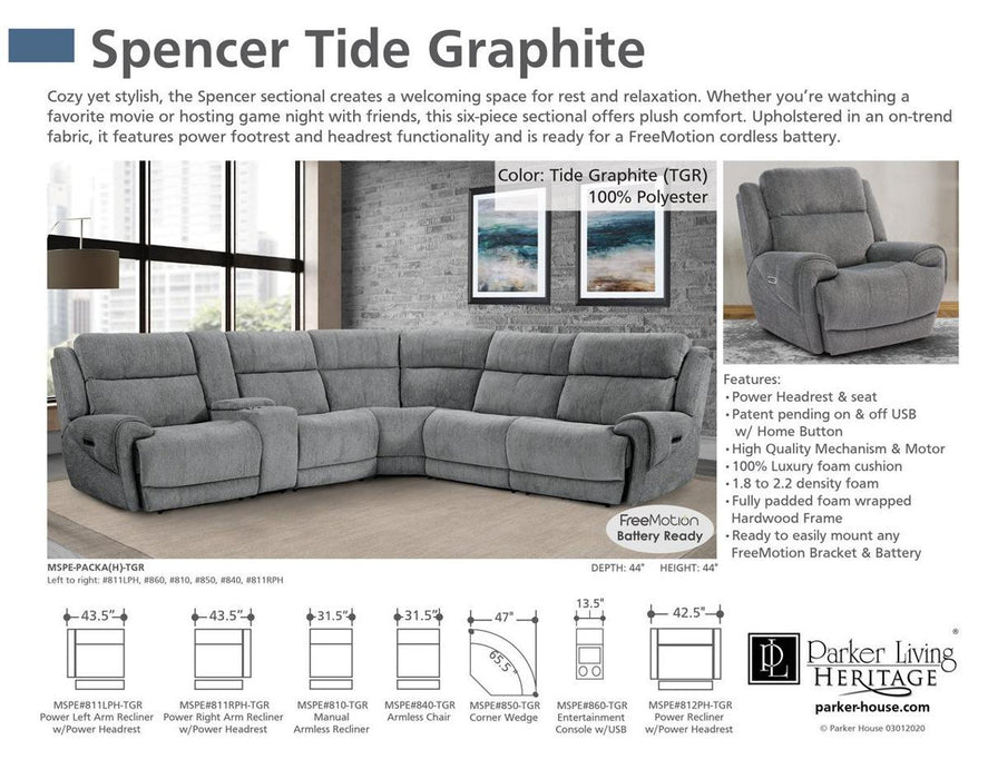 Parker House Spencer Power Left Arm Facing Recliner in Tide Graphite